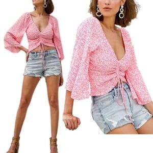 Willow Root‎ Pink Floral Smocked Ruched Crop Top Small Coquette Babydoll